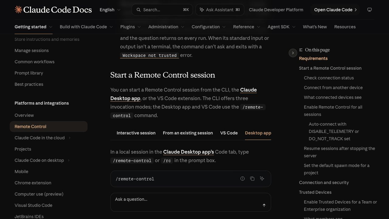 Claude Remote Control 官方文件,Desktop app 分頁說明輸入 remote-control